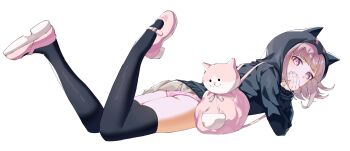 Rule 34 | 1girl, absurdres, animal bag, ass, brown hair, cat bag, danganronpa (series), danganronpa 2: goodbye despair, flipped hair, highres, hood, jacket, long sleeves, looking at viewer, lying, medium hair, nanami chiaki, on stomach, onbi i, panties, pink bag, pink eyes, pink panties, pleated skirt, shoes, skirt, solo, thighhighs, underwear