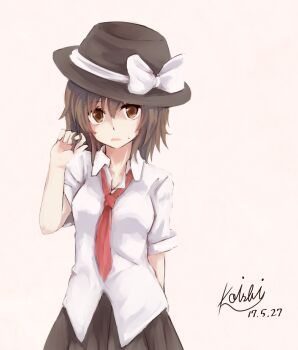 Rule 34 | 1girl, arm behind back, black hat, black skirt, bow, brown eyes, brown hair, collared shirt, commentary, dated, hand in own hair, hat, hat bow, kawara koishi, looking at viewer, medium hair, necktie, open mouth, partially unbuttoned, red necktie, shirt, short sleeves, signature, skirt, solo, sweatdrop, touhou, untucked shirt, usami renko, white background, white bow, white shirt