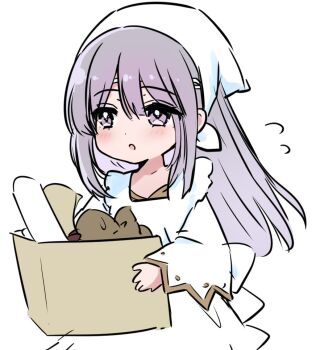 1girl alternate_costume azusa_(azchemist63) bag dress fire_emblem fire_emblem:_genealogy_of_the_holy_war food hat holding holding_bag julia_(fire_emblem) long_hair nintendo open_mouth purple_eyes purple_hair simple_background solo white_background wide_sleeves