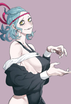 1girl armpit_crease armpit_peek bare_hips black_dress black_eyeliner black_eyeshadow blue_hair breasts detached_sleeves dress eyeliner eyeshadow hair_ornament highres looking_at_viewer looking_to_the_side makeup mascara original sideboob sudeni_sokurou teeth wrist_cuffs yellow_eyes