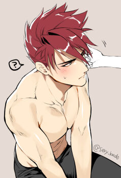 2boys ? abs artist_name bara between_legs biceps black_pants blush caressing_cheek closed_mouth collarbone couple cowboy_shot embarrassed from_above from_side grey_background grey_eyes hair_between_eyes hair_intakes hair_over_one_eye hand_between_legs hand_on_another's_cheek hand_on_another's_face looking_at_another looking_to_the_side looking_up male_focus male_saniwa_(touken_ranbu) motion_lines multiple_boys muscular muscular_male navel one_eye_closed ookanehira_(touken_ranbu) out_of_frame out_of_frame_male pants pectoral_cleavage pectoral_press pectorals photoshop_(medium) red_hair saniwa_(touken_ranbu) sexually_suggestive sexy_kaido short_hair sideburns signature simple_background sitting solo_focus speech_bubble spiked_hair spoken_question_mark sweat sweatdrop toned toned_male topless_male touken_ranbu track_pants twitter_username upper_body v_arms yaoi