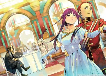 Rule 34 | 2boys, 2girls, abe tsukasa, alternate costume, artist name, ascot, ballroom dancing, belt, black hair, black jacket, black pants, blunt bangs, breasts, brown hair, chair, checkered floor, choker, commentary, copyright name, crossed legs, crowd, dancing, dress, elbow gloves, elf, english commentary, fern (sousou no frieren), formal clothes, frieren, gloves, green shoes, hair slicked back, hand on another's waist, hand on another's wrist, indoors, jacket, large breasts, leaning on table, long hair, multicolored hair, multiple boys, multiple girls, official alternate costume, official alternate hairstyle, official art, on chair, pants, pointy ears, ponytail, purple eyes, purple hair, red eyes, red hair, red jacket, sash, second-party source, sein (sousou no frieren), shoes, short hair, shoulder sash, sitting, sousou no frieren, stark (sousou no frieren), table, tablecloth, two-tone hair, white ascot, white choker, white dress, white gloves, white hair