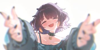 1girl absurdres black_choker black_sweater blunt_bangs blurry blurry_foreground choker closed_eyes commentary english_commentary facing_viewer floomf gradient_hair highres hololive hololive_english incoming_hug long_sleeves mole mole_under_eye multicolored_hair ninomae_ina'nis ninomae_ina'nis_(nu_udra) official_alternate_costume official_alternate_hairstyle open_mouth orange_hair outstretched_arms pendant_choker pointy_ears puffy_sleeves purple_hair reaching reaching_towards_viewer short_hair simple_background single_off_shoulder solo sweater tentacle_hair upper_body virtual_youtuber wavy_hair white_background