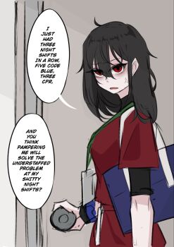 anger_vein bad_link bag bags_under_eyes black_hair doorknob english_text highres long_hair mamaprofennn medical_scrubs messy_hair red_eyes shoulder_bag speech_bubble