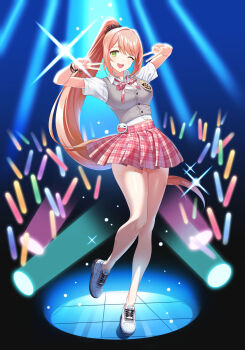 1girl ;d absurdres badge bandaid bandaid_on_leg bare_legs black_background black_scrunchie blue_background bracelet breasts closers collared_shirt dark_background double_v emoji full_body glowstick gradient_background green_eyes grey_vest hair_ornament hair_scrunchie hands_up highres idol jewelry large_breasts long_hair looking_at_viewer midriff_peek miniskirt neck_ribbon official_art one_eye_closed open_mouth orange_hair pink_ribbon pink_skirt plaid_clothes plaid_ribbon plaid_skirt pleated_skirt ponytail ribbon school_uniform scrunchie shirt shoes short_sleeves sidelocks skirt smile sneakers solo soma_(closers) sparkle stage stage_lights standing standing_on_one_leg star_bracelet swept_bangs tachi-e v very_long_hair vest white_shirt white_shoes