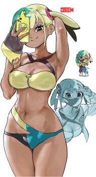 1girl aqua_hair bandeau bare_shoulders bikini black_eyes black_mask black_pants blonde_hair blue_pants blush breasts canari_(pokemon) cleavage closed_mouth collarbone criss-cross_straps dark-skinned_female dark_skin gen_4_pokemon highres holding holding_mask holding_phone hologram jacket long_sleeves looking_at_viewer mask medium_breasts mega_stone mouth_mask multicolored_hair navel nintendo one_eye_closed pants phone pokemon pokemon_legends:_z-a rotom rotom_phone shoes short_twintails smile split-color_hair sports_bra sukoyaka_tsukasa swimsuit twintails two-tone_hair two-tone_mask two-tone_pants v yellow_bandeau yellow_jacket yellow_mask yellow_sports_bra
