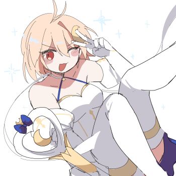 1girl :d absurdres arcueid_brunestud bare_shoulders blonde_hair blue_skirt blush_stickers boots breasts choker cleavage crescent crescent_hair_ornament detached_sleeves dress fate/grand_order fate_(series) gloves hair_ornament happy_birthday highres holding holding_wand kaleidostick leg_up magical_girl miniskirt one_eye_closed open_mouth phantas-moon phantasm_rod rnqntm short_hair skirt smile thigh_boots tsukihime tsukihime_(remake) v wand white_dress white_gloves