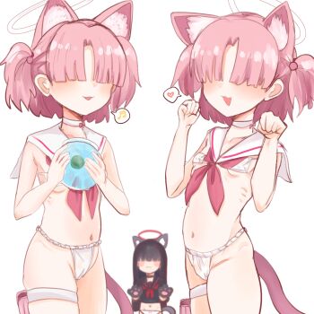 3girls :3 animal_ear_fluff animal_ears animal_hands bikini black_hair black_sailor_collar black_shirt blue_archive breasts cameltoe cat_ears cat_girl cat_tail chinese_commentary chlorella_observation_club_member_(blue_archive) collarbone commentary_request cowboy_shot extra_ears eyepatch_bikini faceless faceless_female female_focus gloves hair_over_eyes halo heart highres holding justice_task_force_member_(blue_archive) loli long_hair multiple_girls musical_note navel neckerchief no_eyes open_mouth paw_gloves paw_pose pink_hair pink_neckerchief red_halo red_neckerchief sailor_bikini sailor_collar shiming_liangjing shirt short_hair simple_background small_breasts speech_bubble spoken_heart spoken_musical_note swimsuit tail thigh_strap two_side_up white_background white_sailor_collar