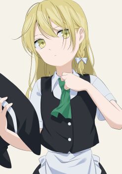 1girl absurdres apron ascot black_hat blonde_hair bow braid closed_mouth collared_shirt commentary_request green_ascot hair_bow hat highres holding holding_unworn_clothes holding_unworn_hat kirisame_marisa long_hair shirt short_sleeves side_braid single_braid solo touhou tsuno_no_hito unworn_hat unworn_headwear waist_apron white_apron white_shirt witch_hat yellow_eyes
