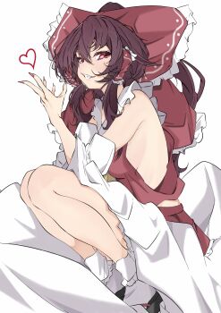 Rule 34 | 1girl, absurdres, ascot, blush, bow, breasts, brown hair, commentary, detached sleeves, frilled bow, frilled hair tubes, frills, grin, hair bow, hair tubes, hakurei reimu, heart, highres, long hair, looking at viewer, no bra, red bow, red eyes, red nails, red skirt, sandals, sideboob, simple background, skirt, skirt set, smile, socks, solo, squatting, touhou, unanooo (fthx7532), white background, white socks, yellow ascot