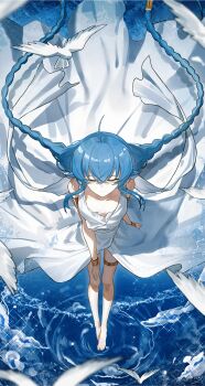 Rule 34 | 1girl, absurdres, ahoge, armlet, bare arms, bare legs, bare shoulders, barefoot, bird, blue hair, bracelet, braid, braided twintails, breasts, breasts apart, chinese commentary, closed eyes, collarbone, commentary request, crossed bangs, dress, floating hair, full body, gold armlet, gold bracelet, gold thighlet, hair between eyes, highres, jewelry, long hair, low twintails, mushoku tensei, ripples, roxy migurdia, small breasts, smile, solo, standing, standing on liquid, thigh gap, thighlet, twin braids, twintails, very long hair, water, white bird, white dress, yisjhui