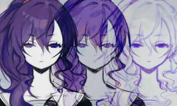 1girl asahina_mafuyu black_cardigan cardigan collarbone colored_skin commentary_request cropped_torso empty_eyes expressionless facing_viewer grey_background grey_serafuku hair_over_shoulder high_ponytail highres looking_at_viewer miyamasuzaka_girls'_academy_school_uniform nonsensemanna ponytail project_sekai purple_eyes purple_hair repetition sailor_collar school_uniform serafuku upper_body wavy_sidelocks white_sailor_collar white_skin