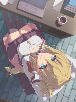 1girl agnes_claudel arms_behind_head black_thighhighs blonde_hair blue_eyes book book_stack braid breasts brick_floor bun_with_braided_base chair chiharu_(9654784) cleavage coffee coffee_mug collared_shrug commentary_request computer cup drawer eiyuu_densetsu from_above hair_between_eyes hair_bun highres indoors jewelry kai_no_kiseki kuro_no_kiseki_(series) laptop large_breasts long_hair looking_at_viewer low-tied_long_hair mug necklace on_chair pleated_skirt purple_skirt shrug_(clothing) single_side_bun sitting skirt smile solo thighhighs white_shrug