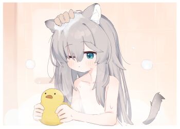 1girl 1other animal_ear_fluff animal_ears blue_eyes blush closed_mouth collarbone commentary_request convenient_censoring eyes_visible_through_hair grey_hair hair_between_eyes hand_on_another&#039;s_head highres loli long_hair nude original riya_(01214) rubber_duck solo_focus steam steam_censor tail tile_wall tiles