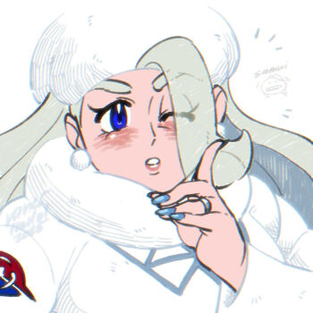 1girl blue_eyes breasts commentary earrings english_commentary eyes_visible_through_hair fur_collar fur_hat hand_up hat highres index_finger_raised jewelry large_breasts long_hair long_sleeves mature_female melony_(pokemon) multicolored_hair nintendo one_eye_closed pearl_earrings pokemon pokemon_swsh ring solo streaked_hair sweater upper_body ushanka vanes-lawlol wedding_ring white_hat white_sweater