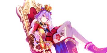 &gt;:) 1girl black_boots boots clenched_hand crossed_legs crown double_bun epaulettes floral_print game_cg hair_bun hand_on_own_cheek hand_on_own_face head_rest head_tilt highres holding holding_scepter jacket lapis_re:lights looking_at_viewer lucifer_(lapis_re:lights) official_art on_throne pantyhose print_pantyhose puffy_shorts purple_hair red_jacket red_shorts rose_print scepter shaded_face short_hair shorts simple_background sitting solo sparkle third-party_source transparent_background v-shaped_eyebrows white_pantyhose