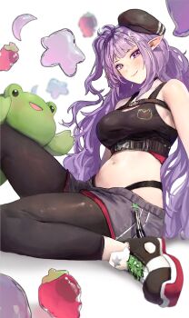 1girl bare_shoulders beret black_hat black_pantyhose black_tank_top breasts crop_top eepy_sleepy grey_shorts hat highres large_breasts long_hair looking_at_viewer midriff mn374390 navel pantyhose phase_connect pointy_ears purple_eyes purple_hair shoes shorts sleeveless smile sneakers solo tank_top virtual_youtuber