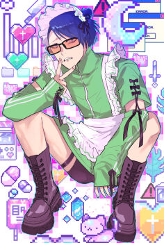 Rule 34 | 1boy, alternate costume, animal, apron, arm on knee, arm up, black-framed eyewear, black boots, black bow, black ribbon, black shorts, black straps, blue eyes, blue hair, boots, bow, cat, collared dress, crescent, crescent moon, cross, crossdressing, crossdressing (mtf), dark blue hair, detached sleeves, dress, enmaided, error message, folder, frilled apron, frills, full body, green dress, heart, high collar, inverted cross, kneeling, lace-up boots, long sleeves, looking at viewer, maid, maid apron, maid headdress, male focus, male maid, moon, orange-tinted eyewear, persona, persona 3, pill, pixel heart, rectangular eyewear, ribbon, shirato jin, shorts, sleeves past wrists, solo, squatting, sunorsa, swept bangs, teeth, thigh strap, tinted eyewear, v, white apron, yield sign