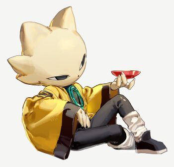 1boy black_eyes black_pants black_shoes cat_boy chinese_clothes cup f4d1a6 furry furry_male highres holding holding_cup leg_warmers looking_ahead male_focus nine_sols pants shoes simple_background sitting solo white_background white_fur wide_sleeves yi_(nine_sols)