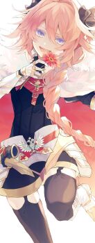 1boy armored_skirt astolfo_(fate) astolfo_(rider)_(fate) bad_id bad_twitter_id black_bow bow braid cowboy_shot fang fate/apocrypha fate/grand_order fate_(series) flower hair_ribbon highres horn_(instrument) looking_at_viewer male_focus multicolored_hair open_mouth petals pink_hair purple_eyes ribbon satsuki_(miicat) simple_background single_braid sky smile solo streaked_hair thighhighs trap white_background zettai_ryouiki