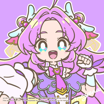 Rule 34 | 1girl, :d, ahoge, akechi anna, aqua eyes, aqua trim, artist name, back bow, bare shoulders, bow, bright pupils, brooch, buttons, capelet, commentary, cure answer, curtained hair, double-breasted, double bun, dress, fingerless gloves, glove bow, gloves, gold buttons, hair bun, hair flaps, hair intakes, hair ornament, hand up, highres, jewelry, long hair, looking at viewer, magical girl, mayena, meitantei precure!, no nose, no sclera, off-shoulder dress, off shoulder, open hand, open mouth, outline, outstretched hand, parted bangs, precure, purple bow, purple capelet, purple dress, purple hair, purple theme, reaching, reaching towards viewer, sidelocks, simple background, smile, solo, spread fingers, teeth, thick eyebrows, upper body, upper teeth only, very long hair, watermark, white gloves, white outline, white pupils, wing hair ornament, yellow bow