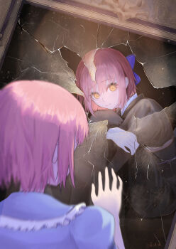 2girls absurdres age_comparison aged_down blue_bow blue_dress bow broken_glass broken_mirror brown_kimono dress dual_persona frilled_dress frills glass hair_bow half_updo hand_up highres hugging_own_legs japanese_clothes kimono kohaku_(tsukihime) looking_at_another looking_at_mirror maid melty_blood mirror multiple_girls red_hair res_ssss short_hair time_paradox tsukihime tsukihime_(remake) type-moon wa_maid