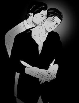 Rule 34 | 2boys, aftersex, beard, bottomless, commentary request, cowboy shot, dojima daigo, dress shirt, facial hair, greyscale, hair slicked back, highres, hug, hug from behind, male focus, mine yoshitaka, monochrome, multiple boys, open collar, partially open shirt, ryuu ga gotoku (series), ryuu ga gotoku 3, shirt, tyag53, yaoi