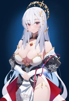 1girl absurdres blue_background blush breasts cleavage closed_mouth collarbone commentary crossed_bangs crown detached_sleeves dress earendel_(jishenkong_jihua) earrings english_commentary floating_crown floral_print gem gold gold_crown gold_necklace gold_trim groin hair_between_eyes hair_ornament heart heart_earrings highres jewelry jishenkong_jihua kisaragirin0719 large_breasts looking_ahead necklace no_panties own_hands_together print_dress print_sleeves queen red_eyes red_gemstone red_ribbon ribbon side_slit sidelocks solo thighs two-sided_dress two-sided_fabric virtual_youtuber white_dress white_hair