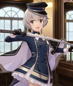 1girl :d black_gloves blue_dress blue_hat brown_eyes brown_hair buttons cowboy_shot day dot_nose double-breasted dress frosted_glass game_cg gloves hands_up hanging_light hat holding holding_sword holding_weapon indoors iwakura_sanae katana long_sleeves looking_at_viewer military_hat military_uniform official_art open_mouth short_hair smile solo sword taishou third-party_source toji_no_miko toji_no_miko:_kizamishi_issen_no_tomoshibi weapon window