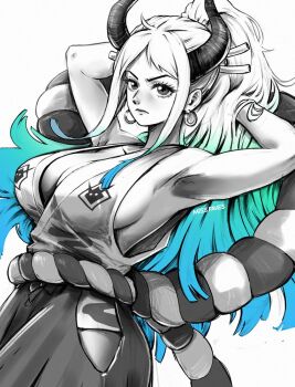 Rule 34 | 1girl, blue hair, breasts, closed mouth, clothing cutout, commentary, curled horns, earrings, english commentary, gradient hair, green hair, hair ornament, hair stick, hakama, hakama pants, hip vent, hoop earrings, horns, japanese clothes, jewelry, kimono, large breasts, long hair, looking at viewer, miss faves, monochrome, multicolored hair, one piece, oni, pants, rope, shimenawa, sideboob, sleeveless, sleeveless kimono, spot color, yamato (one piece)