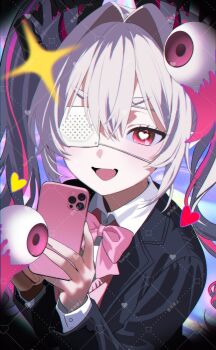 1girl absurdres black_jacket bow bowtie cellphone chiromi collared_shirt commission eyeball eyepatch fang hair_intakes heart heart-shaped_pupils highres holding holding_phone jacket long_hair long_sleeves looking_at_viewer medical_eyepatch open_clothes open_jacket open_mouth original phone red_eyes shirt smartphone smile solo sparkle symbol-shaped_pupils thick_eyebrows twintails upper_body white_hair white_shirt