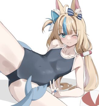 1girl absurdres ahoge alternate_costume animal_ear_fluff animal_ears bare_arms bare_shoulders blonde_hair blue_eyes blue_hair blue_nails bow cat_ears closed_mouth commentary fins fish_tail flat_chest grey_one-piece_swimsuit hair_bow highres indie_virtual_youtuber lifebuoy_hair_ornament long_hair looking_at_viewer low_twintails multicolored_hair one-piece_swimsuit one_eye_closed raised_eyebrow sameko_saba scarlet_(wv0102) school_swimsuit smile solo spread_legs streaked_hair swimsuit symbol-only_commentary tail twintails two-tone_hair v virtual_youtuber