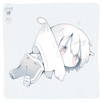 1girl ? bandaid blush border brown_eyes chibi closed_mouth dot_mouth full_body highres original pants shirt short_hair solo square tearing_up thk_41 watermark white_theme