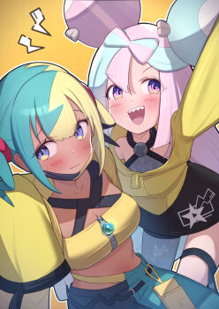 2girls blonde_hair blue_hair bow-shaped_hair breasts canari_(pokemon) closed_mouth commentary copyright_request dark-skinned_female dark_skin double_bun hair_bun highres iono_(pokemon) jacket long_sleeves medium_breasts multicolored_hair multiple_girls nintendo outline oversized_clothes pink_hair pokemon purple_eyes sharp_teeth simple_background sleeves_past_fingers sleeves_past_wrists split-color_hair sports_bra symbol-only_commentary teeth uneg upper_teeth_only white_outline yellow_background yellow_jacket yellow_sports_bra