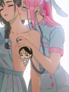Rule 34 | 2girls, alien stage, alternate costume, black hair, blue-framed eyewear, borrowed design, braid, censored, closed eyes, commentary, dress, glasses, hair over shoulder, hashtag-only commentary, highres, holding, holding stethoscope, kiss, mizi (alien stage), multiple girls, name tag, nana (gentlesharksss), pink hair, single braid, stethoscope, sua (alien stage), white dress, yuri