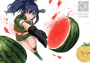 1girl black_gloves blue_eyes blue_hair cutting food fruit gloves green_jacket green_shorts jacket leona_heidern midriff navel pineapple ponytail qr_code sakura_mafumi short_sleeves shorts solo suikawari suspenders the_king_of_fighters twitter_username watermark watermelon watermelon_seeds watermelon_slice