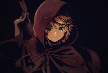 1girl absurdres arrow_(projectile) awarin black_background blonde_hair blood blood_on_face blurry blurry_background braid brown_cape cape closed_mouth emma_(yakusoku_no_neverland) green_eyes hair_between_eyes highres hood hood_up hooded short_hair single_braid solo upper_body yakusoku_no_neverland