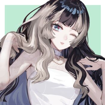 1girl alternate_costume alternate_hairstyle black_hair blue_eyes blunt_bangs choker commentary_request dress grey_hair highres hololive hololive_dev_is jewelry juufuutei_raden long_hair looking_at_viewer multicolored_hair murechika necklace one_eye_closed smile solo streaked_hair two-tone_hair virtual_youtuber white_dress