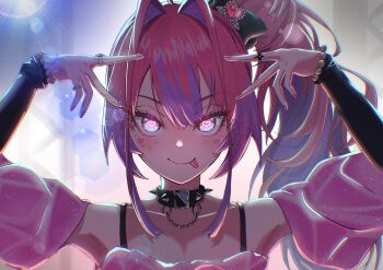 1girl absurdres blue_eyes heart heart_in_eye high_ponytail highres hololive hololive_dev_is hoshino_ai&#039;s_pose kikirara_vivi long_hair multicolored_hair pink_hair ponytail purple_hair solo symbol_in_eye tongue tongue_out two-tone_hair vermin. virtual_youtuber