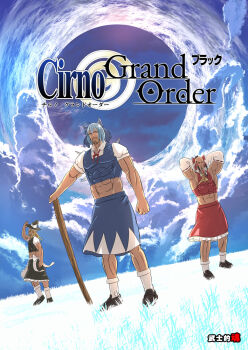 3boys arm_behind_back arms_behind_head ascot beard blonde_hair blue_eyes blue_hair bow brown_eyes brown_hair cho_marisa cirno cloud comic commentary_request detached_sleeves dress facial_hair fate/grand_order fate_(series) genderswap genderswap_(ftm) hair_bow hakurei_reimu hand_on_headwear hat ice ice_wings japanese_clothes kirisame_marisa long_sleeves looking_at_viewer looking_back manly midriff mitsuki_yuuya multiple_boys multiple_girls muscular nontraditional_miko open_mouth parody puffy_short_sleeves puffy_sleeves shaved_head short_sleeves sidelocks skindentation skirt smile stubble touhou translation_request wide_sleeves wings witch_hat