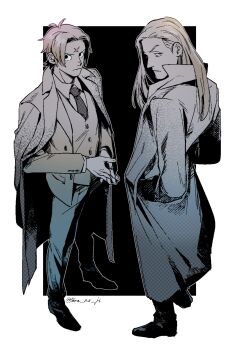 Rule 34 | 2boys, alternate costume, black eyes, black necktie, blonde hair, coat, collared shirt, full body, hands in pockets, helmeppo, highres, jacket, koby (one piece), long hair, looking at viewer, male focus, multiple boys, necktie, one piece, pink hair, scar, scar on face, serious, shirt, short hair, standing, tarragon, vest, white coat, white shirt, yellow jacket, yellow vest