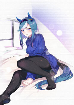 1girl absurdres admire_groove_(umamusume) animal_ears bed black_pantyhose blue_eyes blue_hair blue_sweater blush breasts closed_mouth commentary_request doushi_tatsu_to_dekkai_no dress ear_covers hairband heterochromia highres horse_ears horse_girl horse_tail long_hair long_sleeves looking_at_viewer medium_breasts mole mole_under_mouth multicolored_hair on_bed pantyhose purple_eyes solo streaked_hair sweater sweater_dress tail umamusume white_hair white_streaks