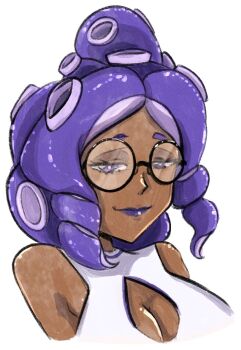 1girl black-framed_eyewear breasts cleavage dark-skinned_female dark_skin dr._addamelech glasses highres indie_virtual_youtuber large_breasts long_hair looking_at_viewer momma_occo nintendo octoling purple_eyes purple_hair purple_lips round_eyewear simple_background splatoon_(series) tentacle_hair virtual_youtuber white_background