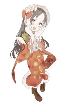1girl absurdres blush blush_stickers boots bow brown_boots brown_eyes brown_hair floral_print floral_print_kimono frilled_kimono frills full_body gakuen_idolmaster hands_on_own_face highres idolmaster japanese_clothes kan_ppang kimono kuramoto_china lace-up_boots long_hair long_sleeves maid maid_headdress obi open_mouth parted_bangs polka_dot polka_dot_kimono print_kimono red_bow red_kimono sash simple_background solo standing unmoving_pattern wa_maid white_background white_headdress wide_sleeves