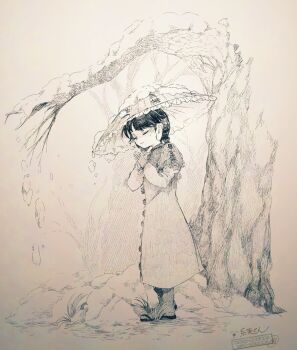 1girl ajirogasa boots capelet closed_eyes closed_mouth dress full_body grass greyscale hat highres itomugi-kun long_earlobes long_sleeves monochrome own_hands_together signature snow snow_on_headwear solo standing touhou tree under_tree winter yatadera_narumi