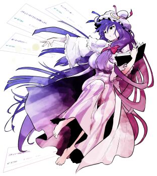 Rule 34 | 1girl, akure ekuto, barefoot, book, bow, breasts, crescent, crescent hat ornament, dress, frilled sleeves, frills, hair bow, hat, hat ornament, highres, holding, holding book, odaibako, open book, patchouli knowledge, purple dress, purple hair, solo, striped clothes, striped dress, touhou, white background, wide sleeves