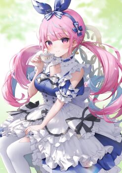 1girl absurdres artist_name black_bow blue_bow blue_dress blue_hairband blurry blurry_background blush bow braid breasts chair chest_bow cleavage closed_mouth collarbone colored_inner_hair commentary cup curly_hair dress earrings fingernails frilled_dress frills hairband heart heart_earrings highres holding holding_cup hololive jewelry large_breasts layered_dress long_hair looking_at_viewer m_ydayo minato_aqua minato_aqua_(aqua_iro_in_wonder_land) multicolored_hair pantyhose pink_eyes pink_hair pink_nails short_sleeves sitting smile solo spade_(shape) streaked_hair striped_bow teacup twintails two-tone_bow two-tone_hair underbust virtual_youtuber white_bow white_dress white_pantyhose