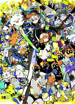 1girl aawk absurdly_detailed_composition absurdres armband character_request claws crabrawler english_text eyeliner eyeshadow falinks fighting_miku_(project_voltage) food gen_1_pokemon gen_2_pokemon gen_4_pokemon gen_5_pokemon gen_6_pokemon gen_7_pokemon gen_8_pokemon green_armband halftone hatsune_miku highres hitmonchan hitmonlee hitmontop holding holding_food holding_spring_onion holding_vegetable legendary_pokemon long_legs machamp makeup mienfoo mienshao multicolored_background multicolored_clothes multicolored_eyes n79oqc3yja6jlof nintendo orange_eyeliner orange_eyeshadow orange_trim pancham passimian pawmot pokemon pokemon_(creature) primeape project_voltage riolu scraggy sirfetch'd spring_onion throh tyrogue urshifu vegetable visor_cap vocaloid