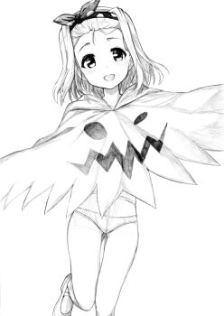 1girl absurdres feet_out_of_frame ghost_costume greyscale hairband highres hooded_dress i-504_(kancolle) kantai_collection looking_at_viewer luigi_torelli_(halloween)_(kancolle) luigi_torelli_(kancolle) monochrome outstretched_arms panties panties_under_pantyhose pantyhose short_hair smile solo tsuji_kazuho underwear
