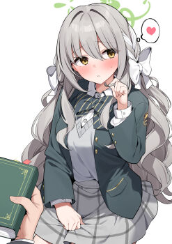 1boy 1girl ? absurdres averting_eyes blue_archive book bow braid breasts collared_shirt flower_halo green_halo green_jacket grey_hair grey_skirt grey_sweater hair_bow hair_intakes hair_ribbon halo heart highres holding holding_book holding_own_hair jacket large_breasts long_hair long_sleeves looking_to_the_side miniskirt miyo_(blue_archive) open_clothes open_jacket plaid_clothes plaid_skirt pleated_skirt pov pov_hands raised_inner_eyebrows ribbon ribbon_braid shirt side_braids simple_background skirt solo_focus speech_bubble spoken_heart spoken_question_mark suiroh_(shideoukami) sweater thought_bubble white_background white_bow white_shirt yellow_eyes